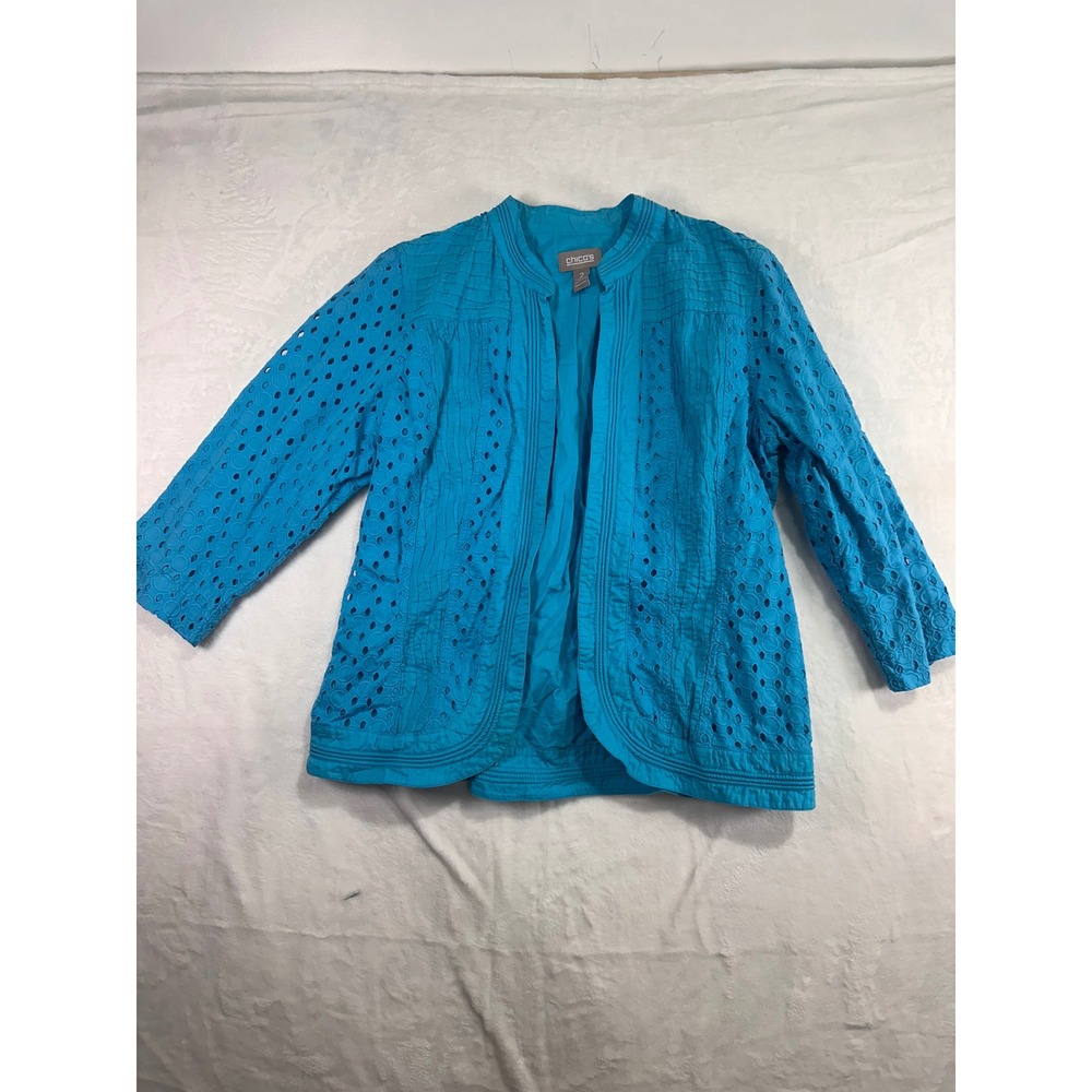 Chico's Open Front Eyelet Jacket 2 Large Blue Pintuck 3/4 Sleeve Cotton Womens